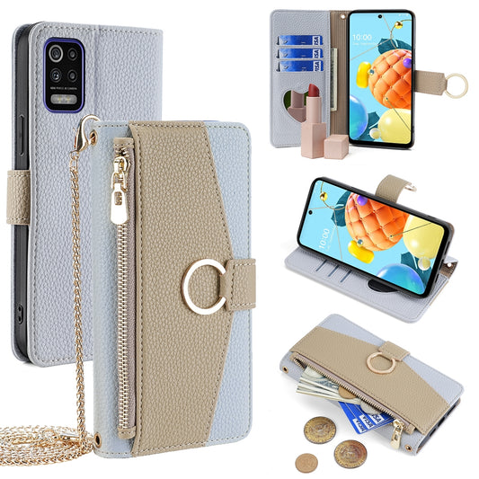 LG K52 Crossbody Phone Case with Litchi Texture Leather, Adjustable Kickstand, Card Slots, Zipper Purse, Makeup Mirror, and TPU Protection