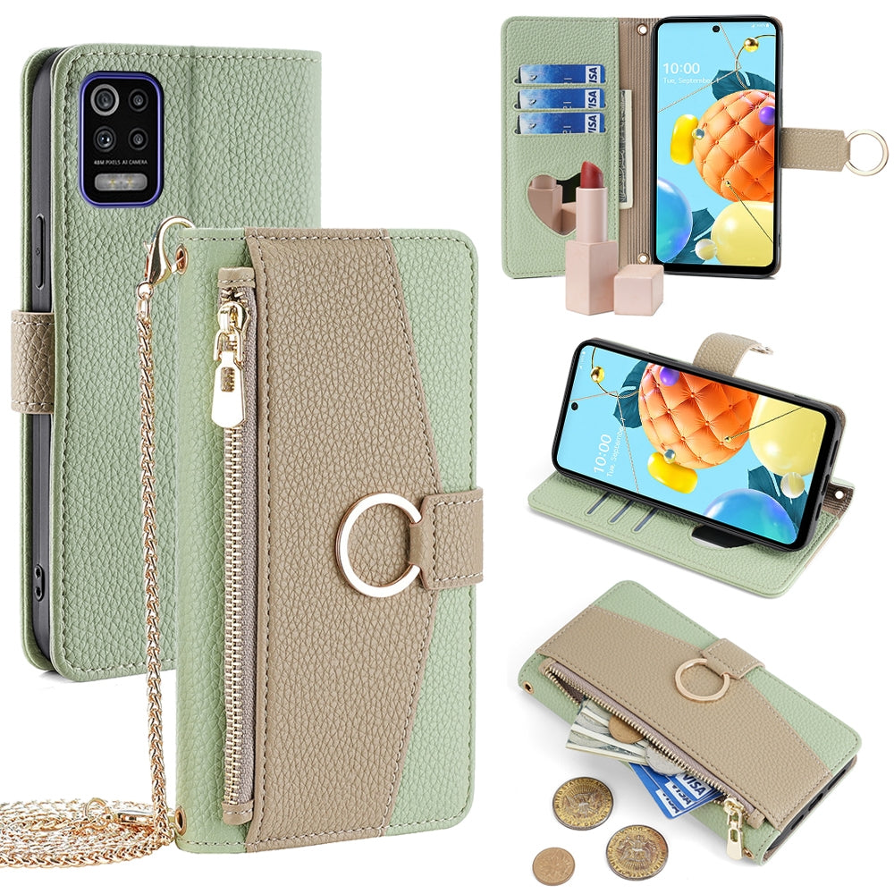 LG K52 Crossbody Phone Case with Litchi Texture Leather, Adjustable Kickstand, Card Slots, Zipper Purse, Makeup Mirror, and TPU Protection