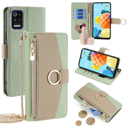 LG K52 Crossbody Phone Case with Litchi Texture Leather, Adjustable Kickstand, Card Slots, Zipper Purse, Makeup Mirror, and TPU Protection