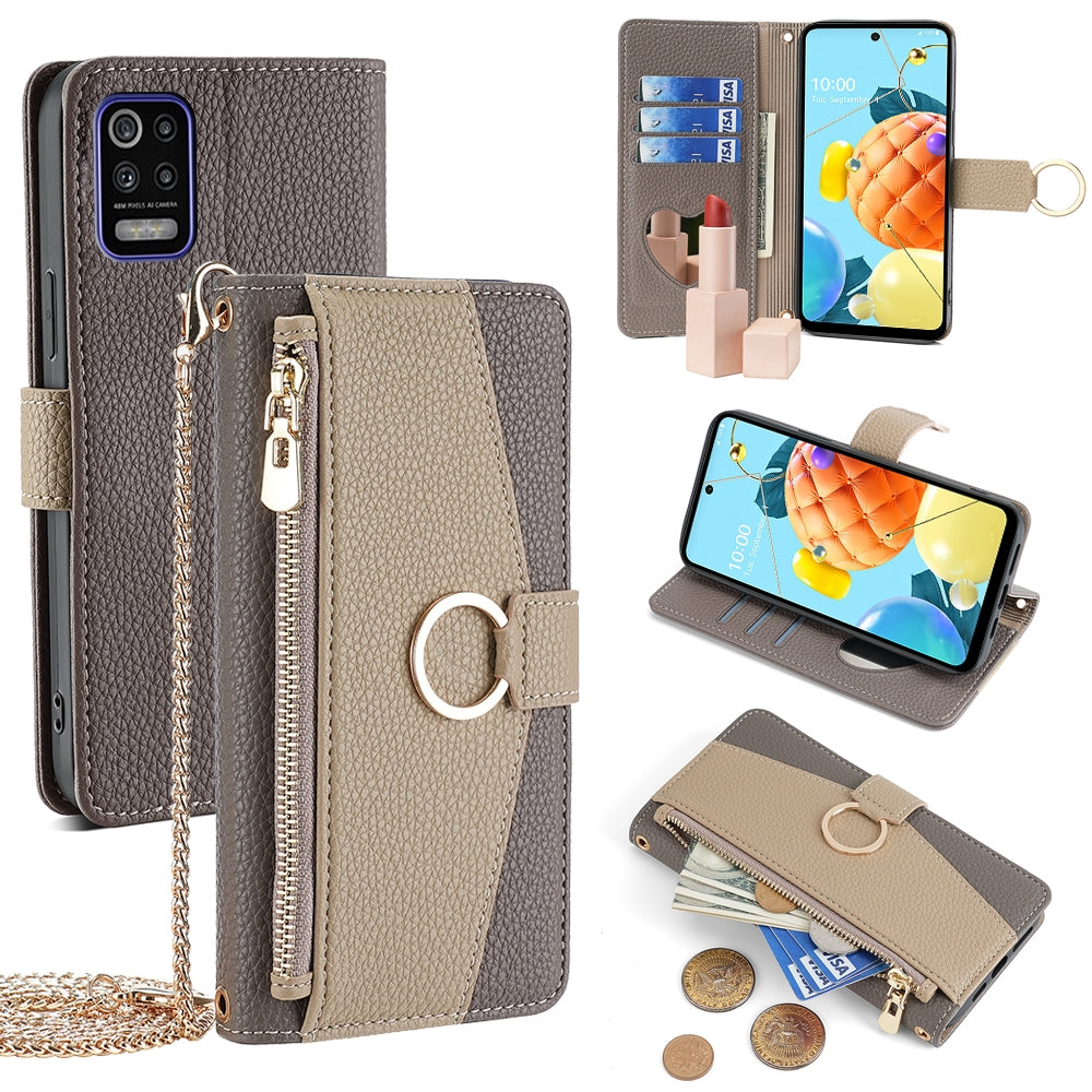 LG K52 Crossbody Phone Case with Litchi Texture Leather, Adjustable Kickstand, Card Slots, Zipper Purse, Makeup Mirror, and TPU Protection