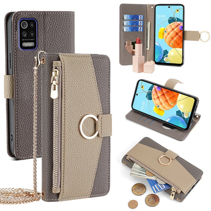 LG K52 Crossbody Phone Case with Litchi Texture Leather, Adjustable Kickstand, Card Slots, Zipper Purse, Makeup Mirror, and TPU Protection