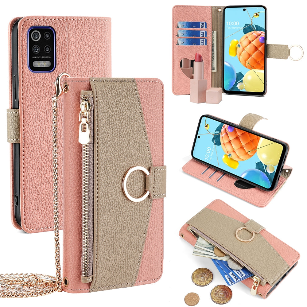 LG K52 Crossbody Phone Case with Litchi Texture Leather, Adjustable Kickstand, Card Slots, Zipper Purse, Makeup Mirror, and TPU Protection