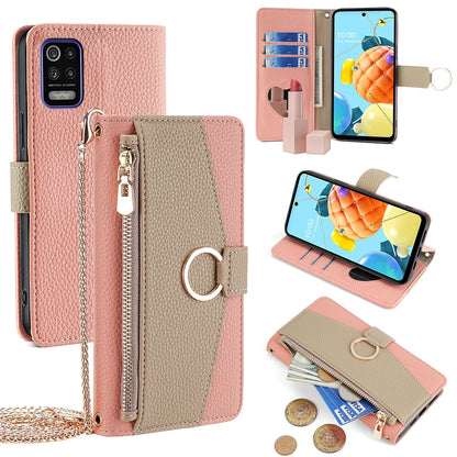 LG K52 Crossbody Phone Case with Litchi Texture Leather, Adjustable Kickstand, Card Slots, Zipper Purse, Makeup Mirror, and TPU Protection