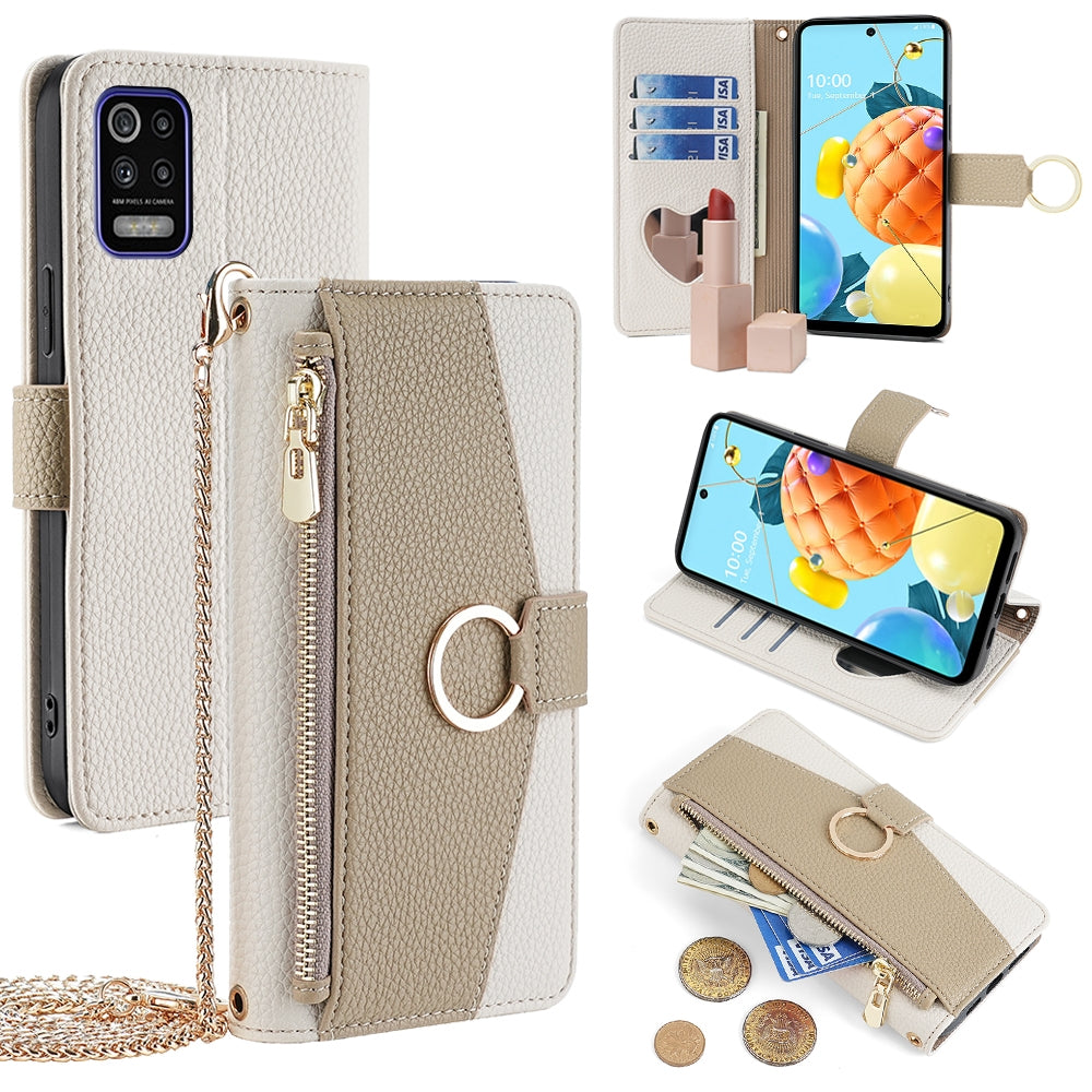 LG K52 Crossbody Phone Case with Litchi Texture Leather, Adjustable Kickstand, Card Slots, Zipper Purse, Makeup Mirror, and TPU Protection