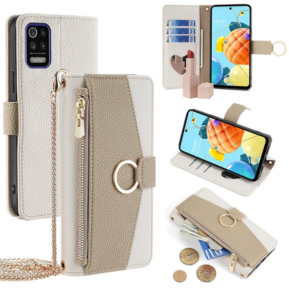 LG K52 Crossbody Phone Case with Litchi Texture Leather, Adjustable Kickstand, Card Slots, Zipper Purse, Makeup Mirror, and TPU Protection