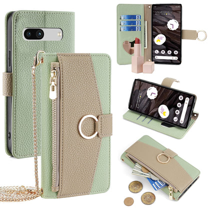 Google Pixel 7a Crossbody Phone Case with Litchi Texture Leather, Adjustable Kickstand, Card Slots, Zipper Purse, Makeup Mirror, and TPU Protection