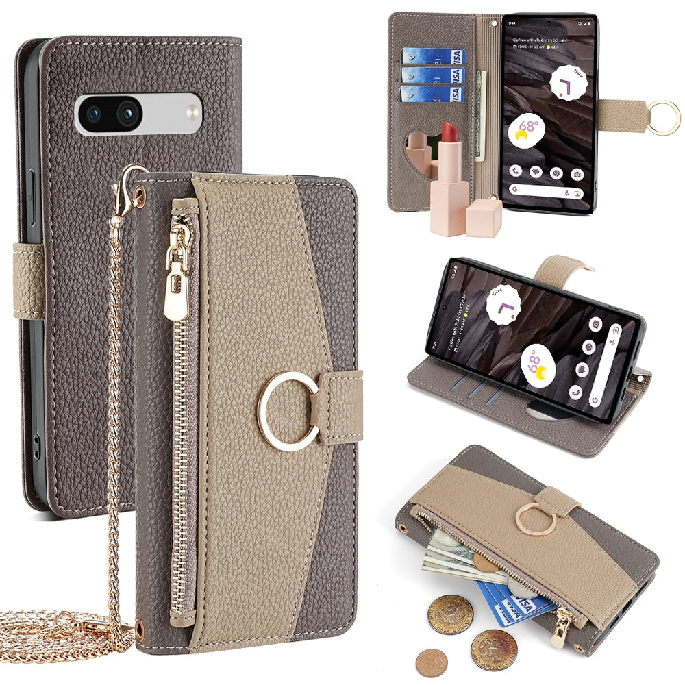 Google Pixel 7a Crossbody Phone Case with Litchi Texture Leather, Adjustable Kickstand, Card Slots, Zipper Purse, Makeup Mirror, and TPU Protection