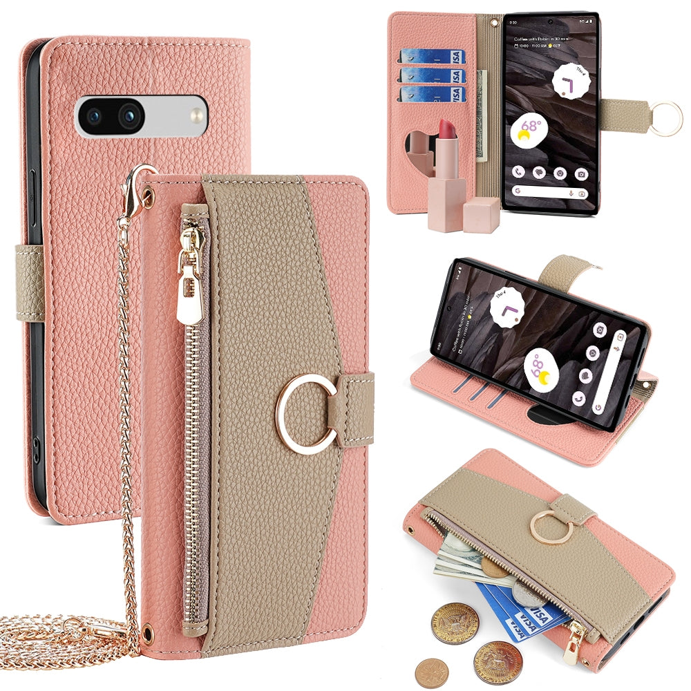 Google Pixel 7a Crossbody Phone Case with Litchi Texture Leather, Adjustable Kickstand, Card Slots, Zipper Purse, Makeup Mirror, and TPU Protection