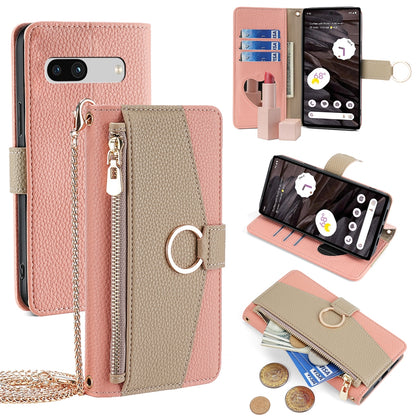 Google Pixel 7a Crossbody Phone Case with Litchi Texture Leather, Adjustable Kickstand, Card Slots, Zipper Purse, Makeup Mirror, and TPU Protection