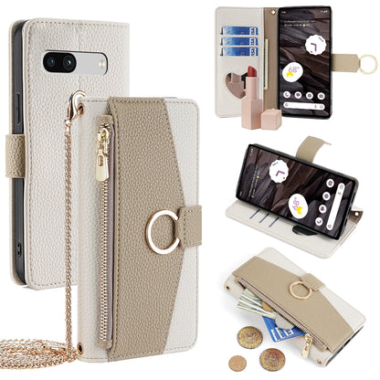Google Pixel 7a Crossbody Phone Case with Litchi Texture Leather, Adjustable Kickstand, Card Slots, Zipper Purse, Makeup Mirror, and TPU Protection