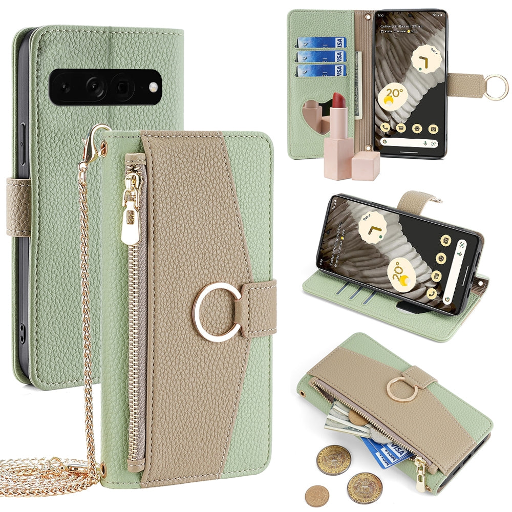 Google Pixel 7 Pro Crossbody Phone Case with Litchi Texture Leather, Adjustable Kickstand, Card Slots, Zipper Purse, Makeup Mirror, and TPU Protection