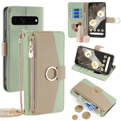 Google Pixel 7 Pro Crossbody Phone Case with Litchi Texture Leather, Adjustable Kickstand, Card Slots, Zipper Purse, Makeup Mirror, and TPU Protection