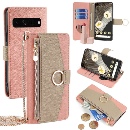 Google Pixel 7 Pro Crossbody Phone Case with Litchi Texture Leather, Adjustable Kickstand, Card Slots, Zipper Purse, Makeup Mirror, and TPU Protection