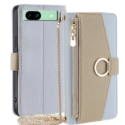 Google Pixel 8a Crossbody Phone Case with Litchi Texture Leather, Adjustable Kickstand, Card Slots, Zipper Purse, Makeup Mirror, and TPU Protection