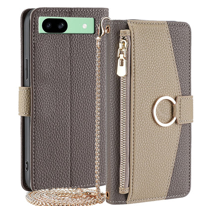 Google Pixel 8a Crossbody Phone Case with Litchi Texture Leather, Adjustable Kickstand, Card Slots, Zipper Purse, Makeup Mirror, and TPU Protection