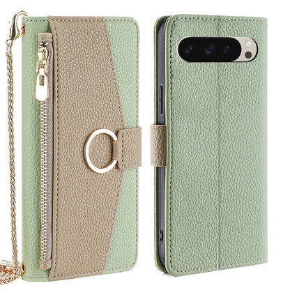 Google Pixel 9 Crossbody Phone Case with Litchi Texture Leather, Adjustable Kickstand, Card Slots, Zipper Purse, Makeup Mirror, and TPU Protection