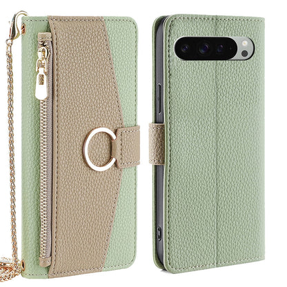 Google Pixel 9 Pro XL Crossbody Phone Case with Litchi Texture Leather, Adjustable Kickstand, Card Slots, Zipper Purse, Makeup Mirror, and TPU Protection