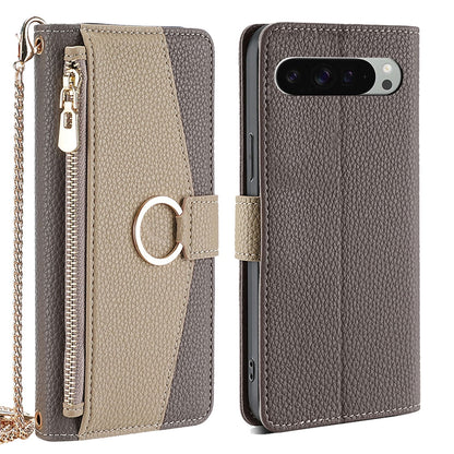 Google Pixel 9 Pro XL Crossbody Phone Case with Litchi Texture Leather, Adjustable Kickstand, Card Slots, Zipper Purse, Makeup Mirror, and TPU Protection