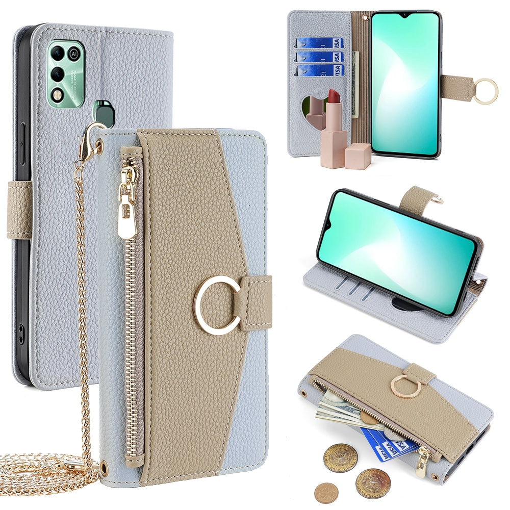 Infinix Hot 11 Play Crossbody Phone Case with Litchi Texture Leather, Adjustable Kickstand, Card Slots, Zipper Purse, Makeup Mirror, and TPU Protection