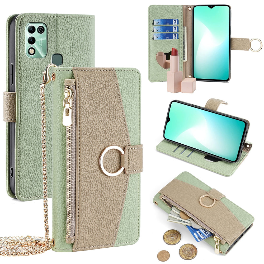 Infinix Hot 11 Play Crossbody Phone Case with Litchi Texture Leather, Adjustable Kickstand, Card Slots, Zipper Purse, Makeup Mirror, and TPU Protection