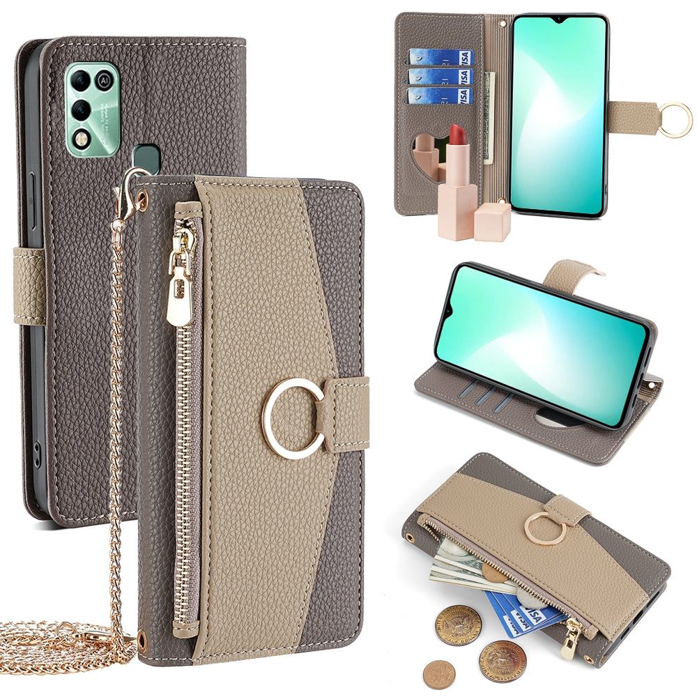 Infinix Hot 11 Play Crossbody Phone Case with Litchi Texture Leather, Adjustable Kickstand, Card Slots, Zipper Purse, Makeup Mirror, and TPU Protection