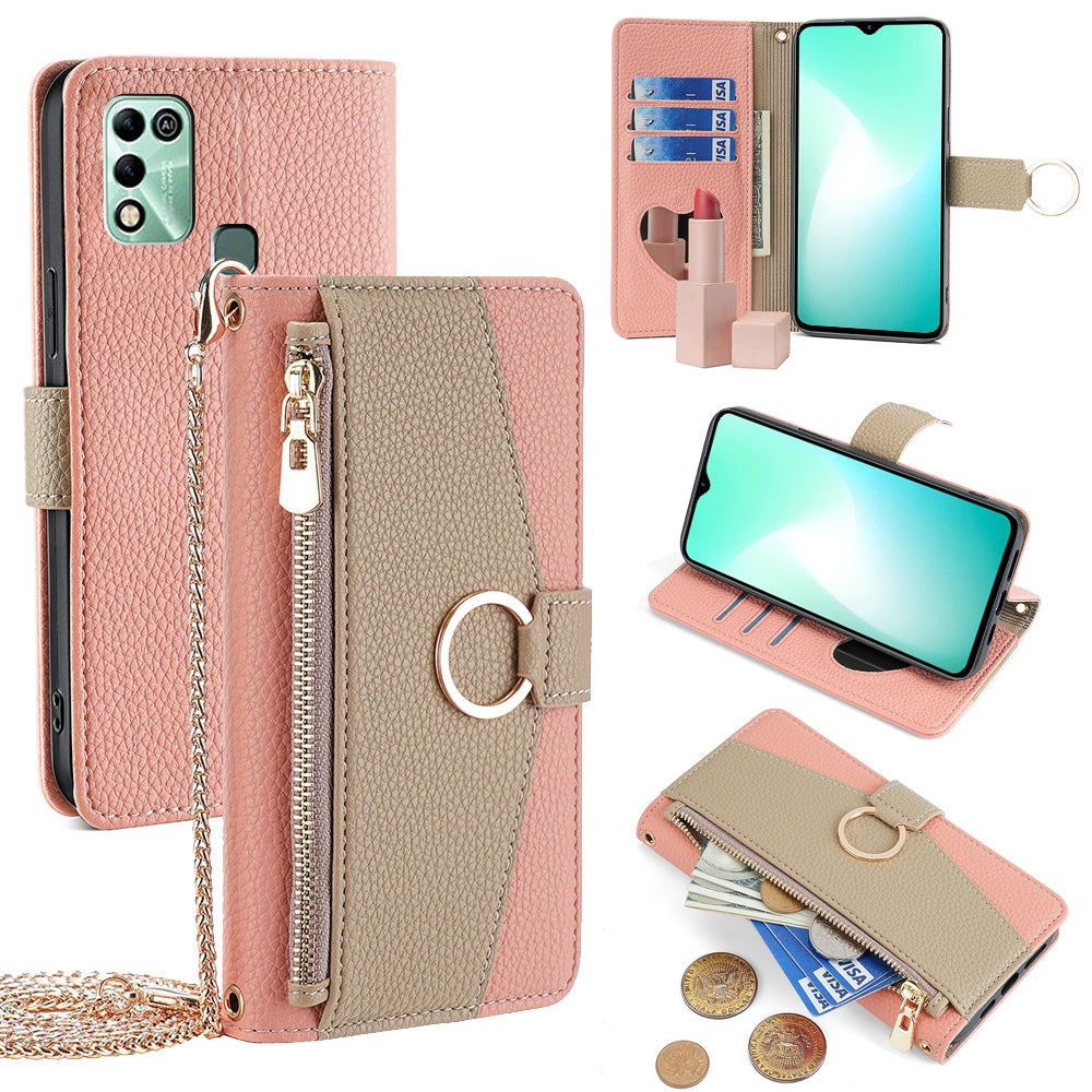 Infinix Hot 11 Play Crossbody Phone Case with Litchi Texture Leather, Adjustable Kickstand, Card Slots, Zipper Purse, Makeup Mirror, and TPU Protection