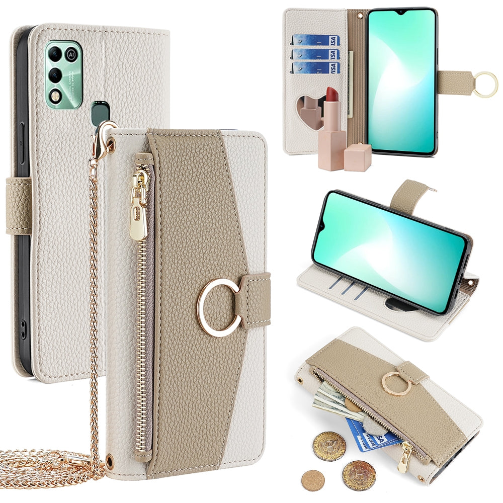 Infinix Hot 11 Play Crossbody Phone Case with Litchi Texture Leather, Adjustable Kickstand, Card Slots, Zipper Purse, Makeup Mirror, and TPU Protection