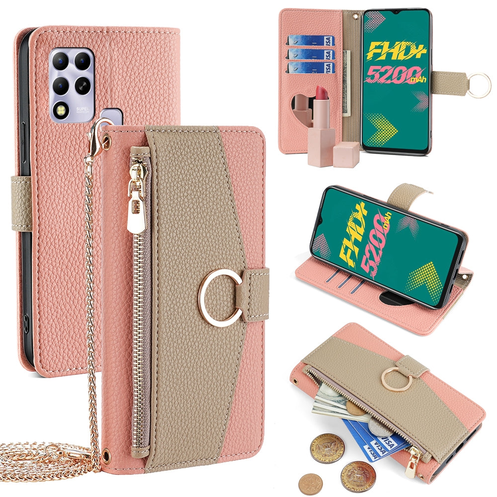 Infinix Hot 11 Russian Version Crossbody Phone Case with Litchi Texture Leather, Adjustable Kickstand, Card Slots, Zipper Purse, Makeup Mirror, and TPU Protection
