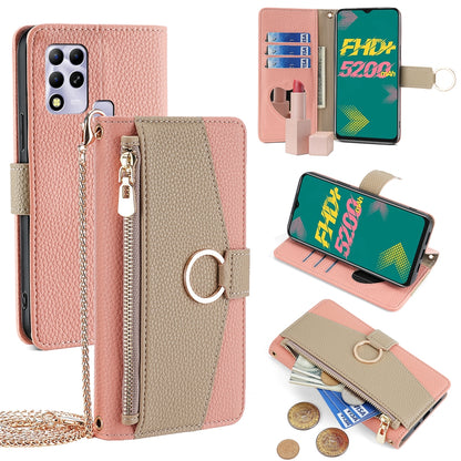 Infinix Hot 11 Russian Version Crossbody Phone Case with Litchi Texture Leather, Adjustable Kickstand, Card Slots, Zipper Purse, Makeup Mirror, and TPU Protection