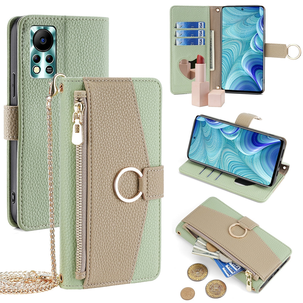 Infinix Hot 11s NFC Crossbody Phone Case with Litchi Texture Leather, Adjustable Kickstand, Card Slots, Zipper Purse, Makeup Mirror, and TPU Protection