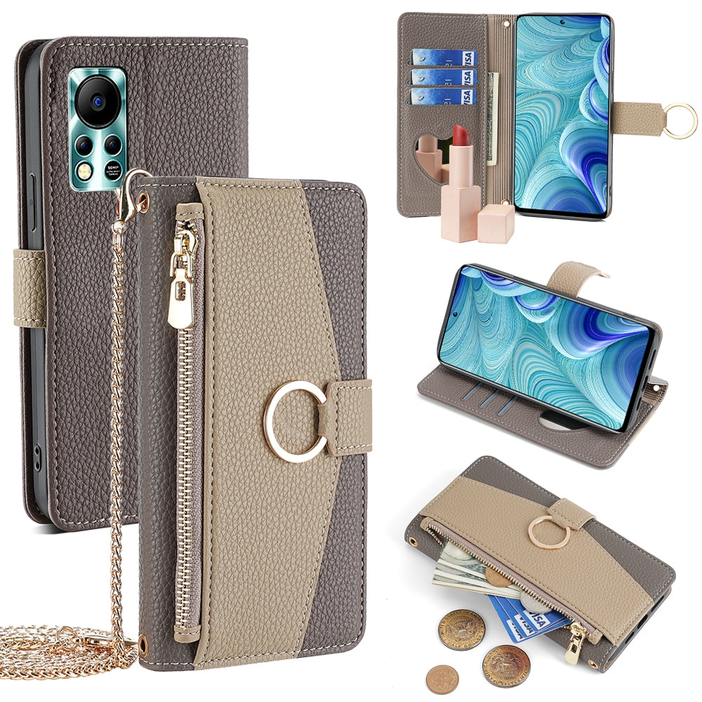 Infinix Hot 11s NFC Crossbody Phone Case with Litchi Texture Leather, Adjustable Kickstand, Card Slots, Zipper Purse, Makeup Mirror, and TPU Protection
