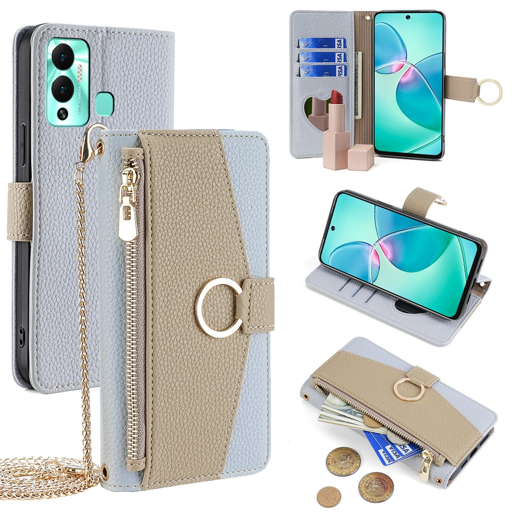 Infinix Hot 12 Play Crossbody Phone Case with Litchi Texture Leather, Adjustable Kickstand, Card Slots, Zipper Purse, Makeup Mirror, and TPU Protection