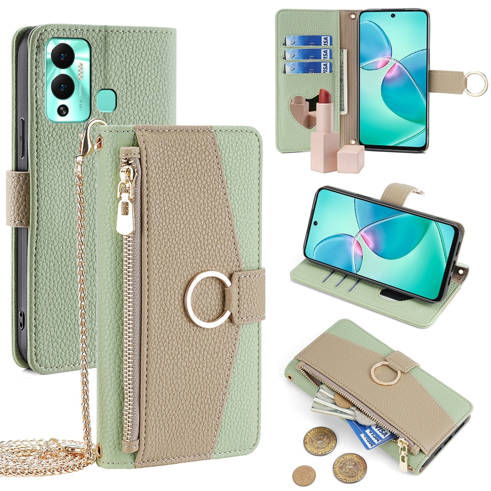 Infinix Hot 12 Play Crossbody Phone Case with Litchi Texture Leather, Adjustable Kickstand, Card Slots, Zipper Purse, Makeup Mirror, and TPU Protection