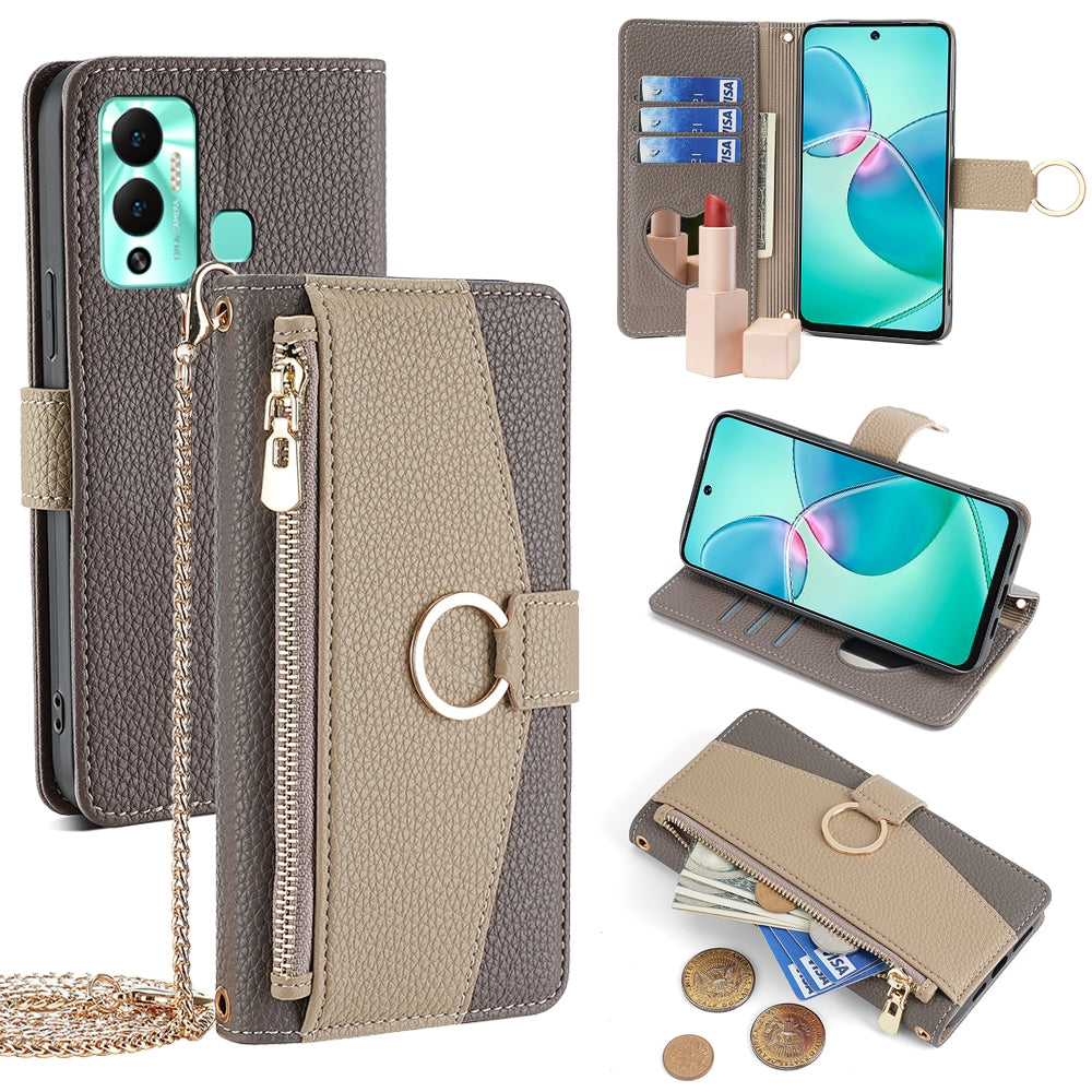 Infinix Hot 12 Play Crossbody Phone Case with Litchi Texture Leather, Adjustable Kickstand, Card Slots, Zipper Purse, Makeup Mirror, and TPU Protection