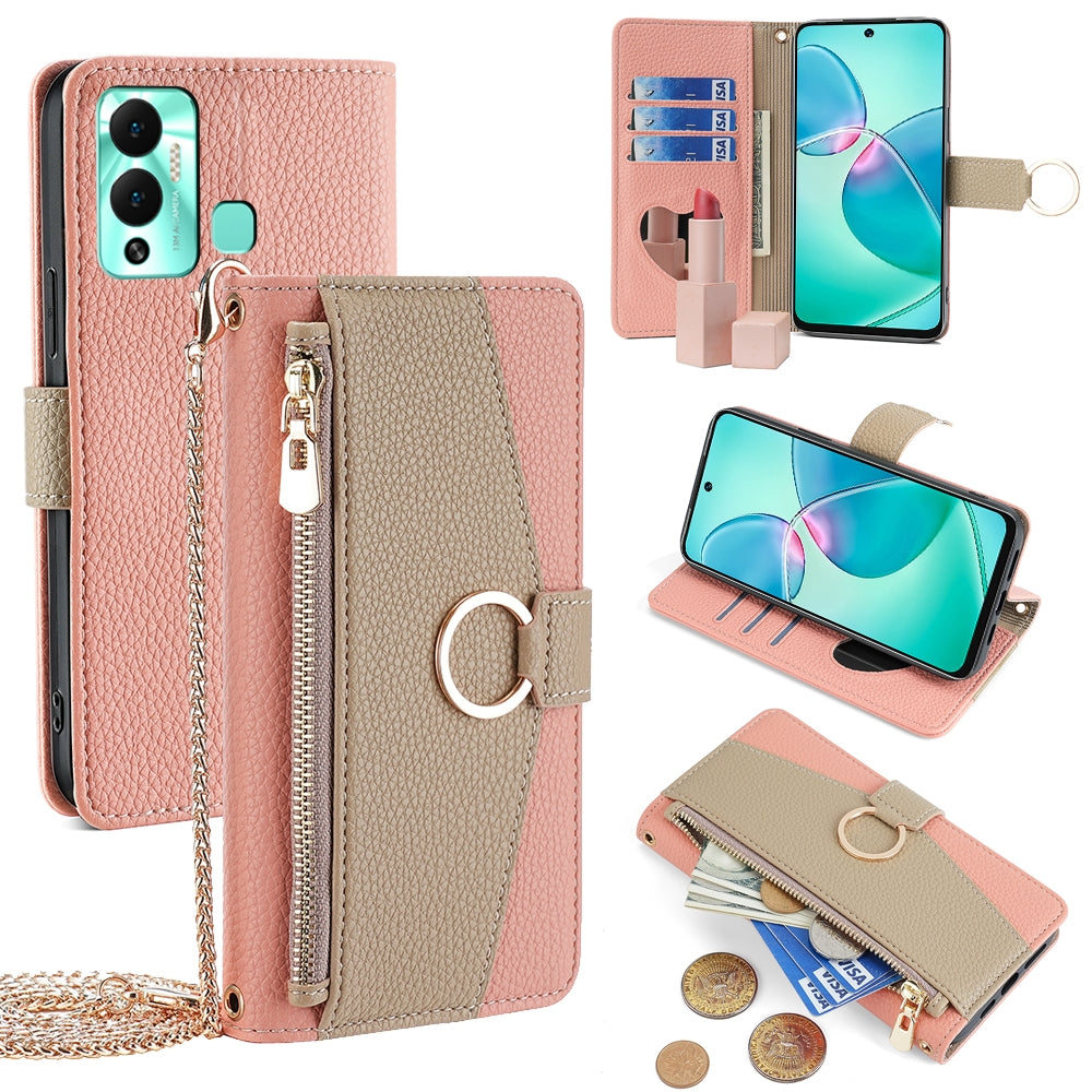 Infinix Hot 12 Play Crossbody Phone Case with Litchi Texture Leather, Adjustable Kickstand, Card Slots, Zipper Purse, Makeup Mirror, and TPU Protection