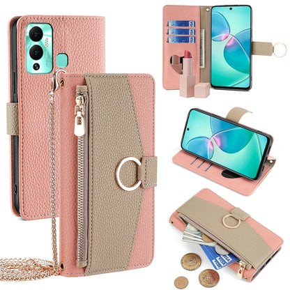 Infinix Hot 12 Play Crossbody Phone Case with Litchi Texture Leather, Adjustable Kickstand, Card Slots, Zipper Purse, Makeup Mirror, and TPU Protection