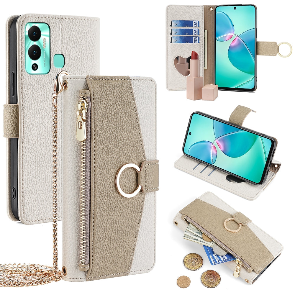 Infinix Hot 12 Play Crossbody Phone Case with Litchi Texture Leather, Adjustable Kickstand, Card Slots, Zipper Purse, Makeup Mirror, and TPU Protection