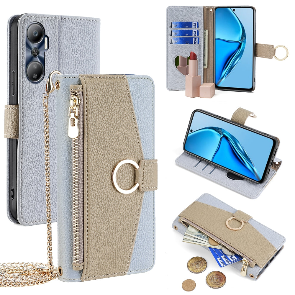 Infinix Hot 20 4G Crossbody Phone Case with Litchi Texture Leather, Adjustable Kickstand, Card Slots, Zipper Purse, Makeup Mirror, and TPU Protection