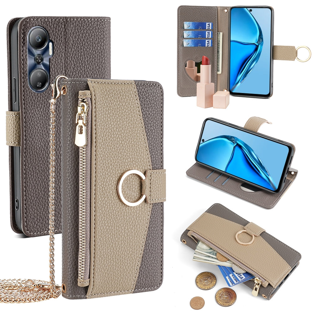Infinix Hot 20 4G Crossbody Phone Case with Litchi Texture Leather, Adjustable Kickstand, Card Slots, Zipper Purse, Makeup Mirror, and TPU Protection