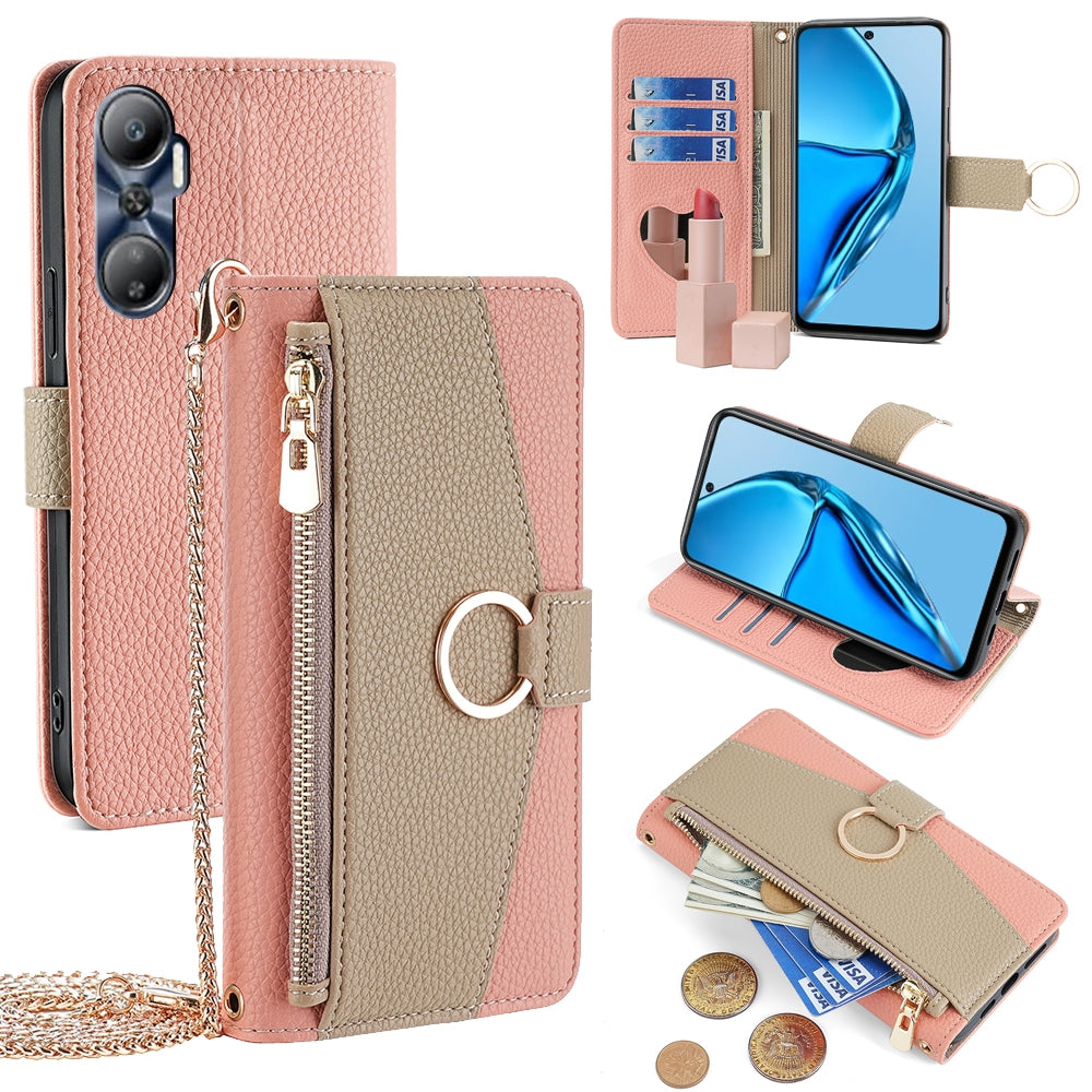Infinix Hot 20 4G Crossbody Phone Case with Litchi Texture Leather, Adjustable Kickstand, Card Slots, Zipper Purse, Makeup Mirror, and TPU Protection