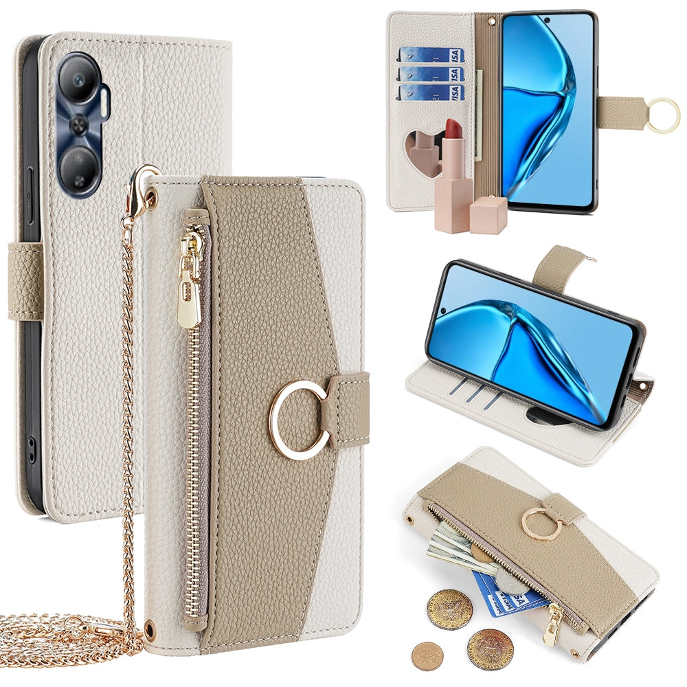 Infinix Hot 20 4G Crossbody Phone Case with Litchi Texture Leather, Adjustable Kickstand, Card Slots, Zipper Purse, Makeup Mirror, and TPU Protection