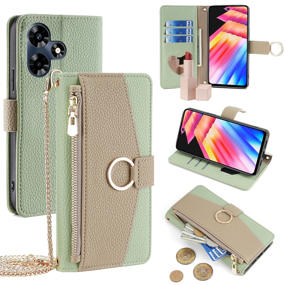 Infinix Hot 30 4G Crossbody Phone Case with Litchi Texture Leather, Adjustable Kickstand, Card Slots, Zipper Purse, Makeup Mirror, and TPU Protection
