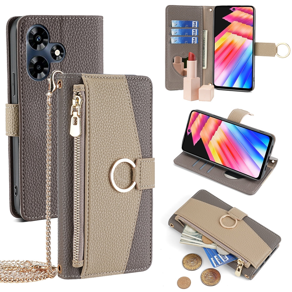 Infinix Hot 30 4G Crossbody Phone Case with Litchi Texture Leather, Adjustable Kickstand, Card Slots, Zipper Purse, Makeup Mirror, and TPU Protection