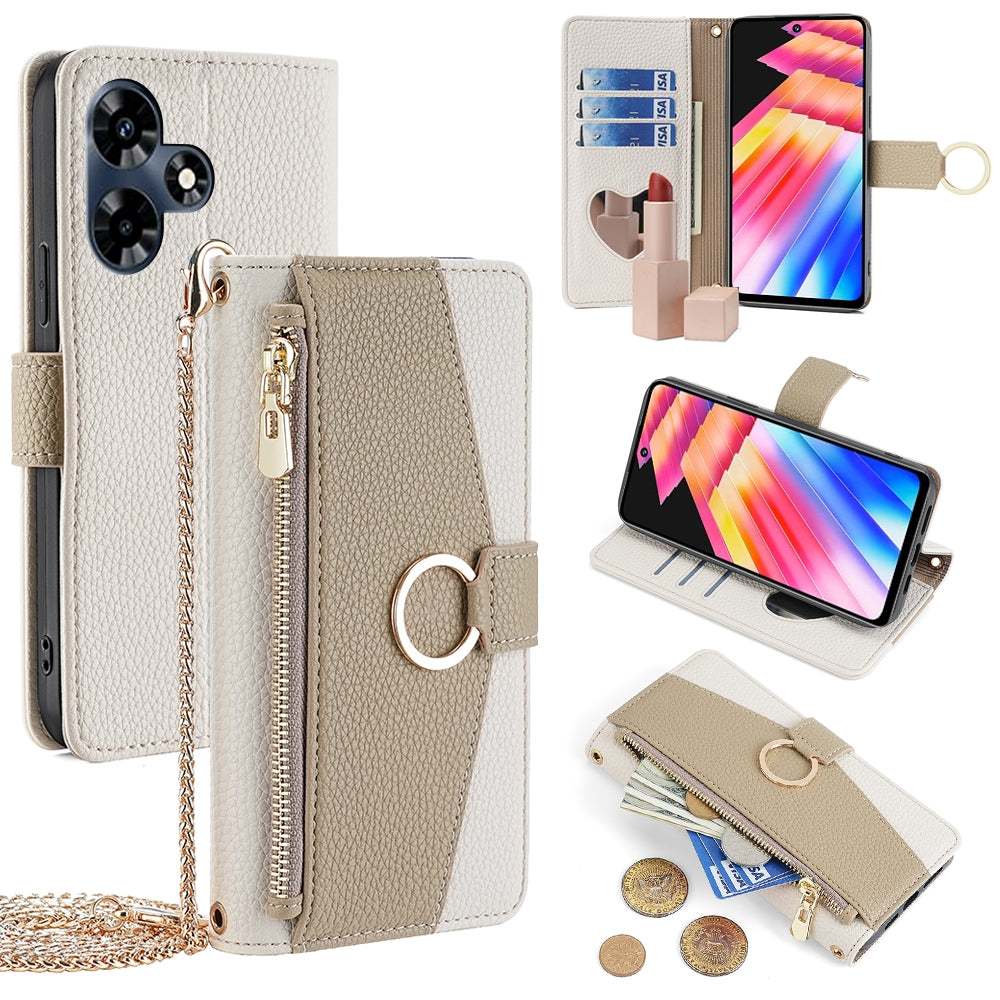 Infinix Hot 30 4G Crossbody Phone Case with Litchi Texture Leather, Adjustable Kickstand, Card Slots, Zipper Purse, Makeup Mirror, and TPU Protection