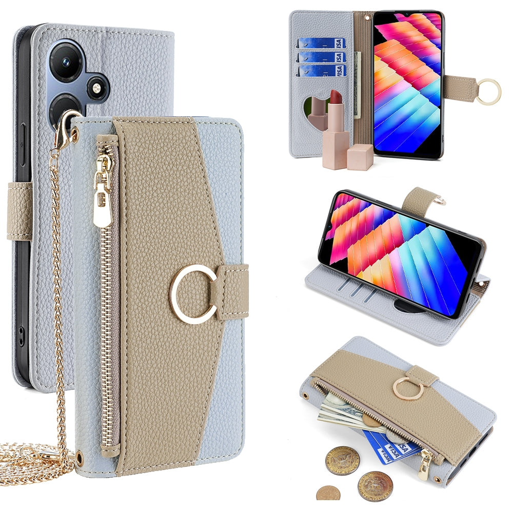 Infinix Hot 30i 4G Crossbody Phone Case with Litchi Texture Leather, Adjustable Kickstand, Card Slots, Zipper Purse, Makeup Mirror, and TPU Protection