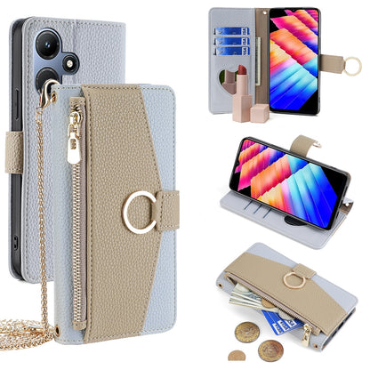 Infinix Hot 30i 4G Crossbody Phone Case with Litchi Texture Leather, Adjustable Kickstand, Card Slots, Zipper Purse, Makeup Mirror, and TPU Protection