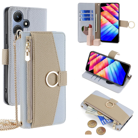 Infinix Hot 30i 4G Crossbody Phone Case with Litchi Texture Leather, Adjustable Kickstand, Card Slots, Zipper Purse, Makeup Mirror, and TPU Protection