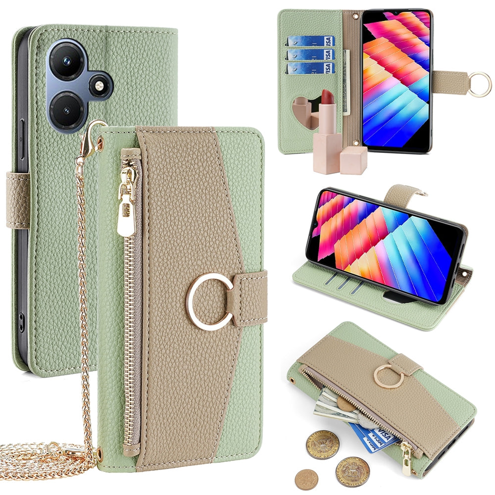 Infinix Hot 30i 4G Crossbody Phone Case with Litchi Texture Leather, Adjustable Kickstand, Card Slots, Zipper Purse, Makeup Mirror, and TPU Protection