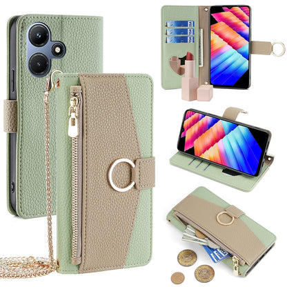 Infinix Hot 30i 4G Crossbody Phone Case with Litchi Texture Leather, Adjustable Kickstand, Card Slots, Zipper Purse, Makeup Mirror, and TPU Protection