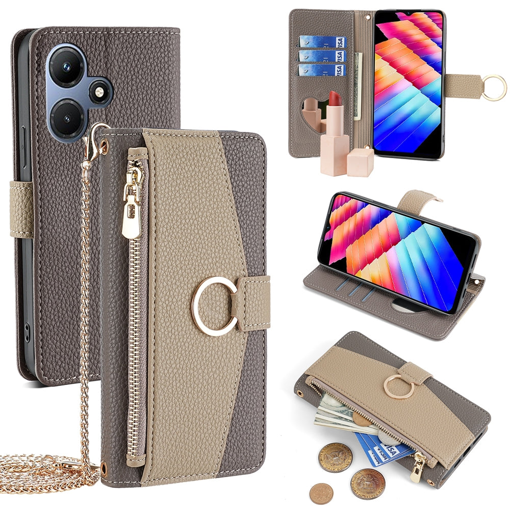 Infinix Hot 30i 4G Crossbody Phone Case with Litchi Texture Leather, Adjustable Kickstand, Card Slots, Zipper Purse, Makeup Mirror, and TPU Protection